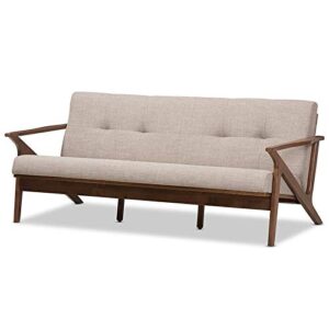 baxton studio bianca fabric sofa in light gray and walnut brown