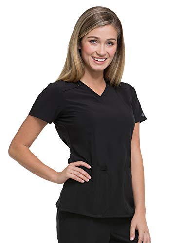 Dickies EDS Essentials Scrubs, V-Neck Womens Tops with Four-Way Stretch and Moisture Wicking DK615, S, Black