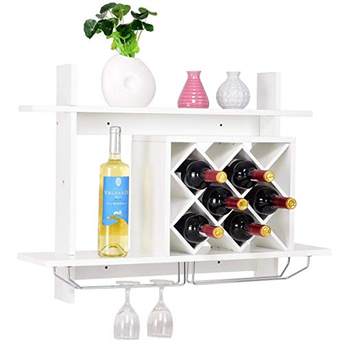 Giantex Wall Mounted Wine Rack Organizer W/Metal Glass Holder & Multifunctional Storage Shelf Modern Diamond-Shaped Wood Wine Server for 6 Bottles Wine Storage Display Rack (White)