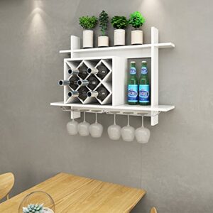 Giantex Wall Mounted Wine Rack Organizer W/Metal Glass Holder & Multifunctional Storage Shelf Modern Diamond-Shaped Wood Wine Server for 6 Bottles Wine Storage Display Rack (White)