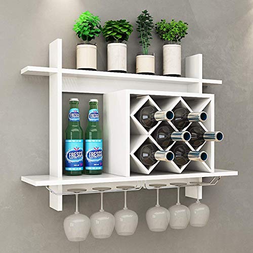 Giantex Wall Mounted Wine Rack Organizer W/Metal Glass Holder & Multifunctional Storage Shelf Modern Diamond-Shaped Wood Wine Server for 6 Bottles Wine Storage Display Rack (White)