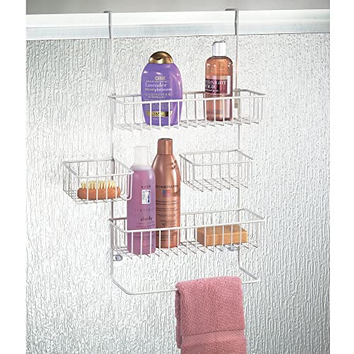 mDesign Steel Over the Door Shower Caddy - Hanging Shower Organizer Rack w/ 4 Baskets, 2 Hooks - In-Shower Hanging Caddy for Bathroom - Over Door Shower Caddy Hanger - Klypon Collection - Matte White