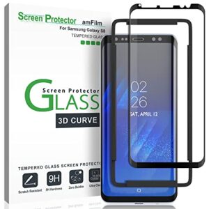 amfilm glass screen protector for samsung galaxy s8, 3d curved tempered glass, dot matrix with easy installation tray, case friendly (black)