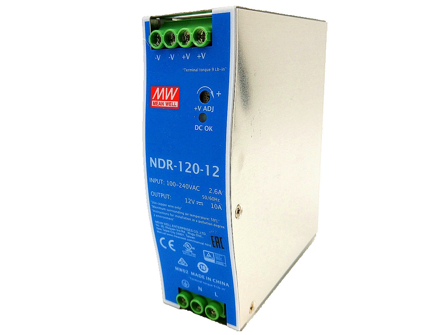 MEAN WELL NDR-120-12 DIN Rail Power Supply 120W 12V 10A Constant Current Low No-Load Loss Overheat Protection