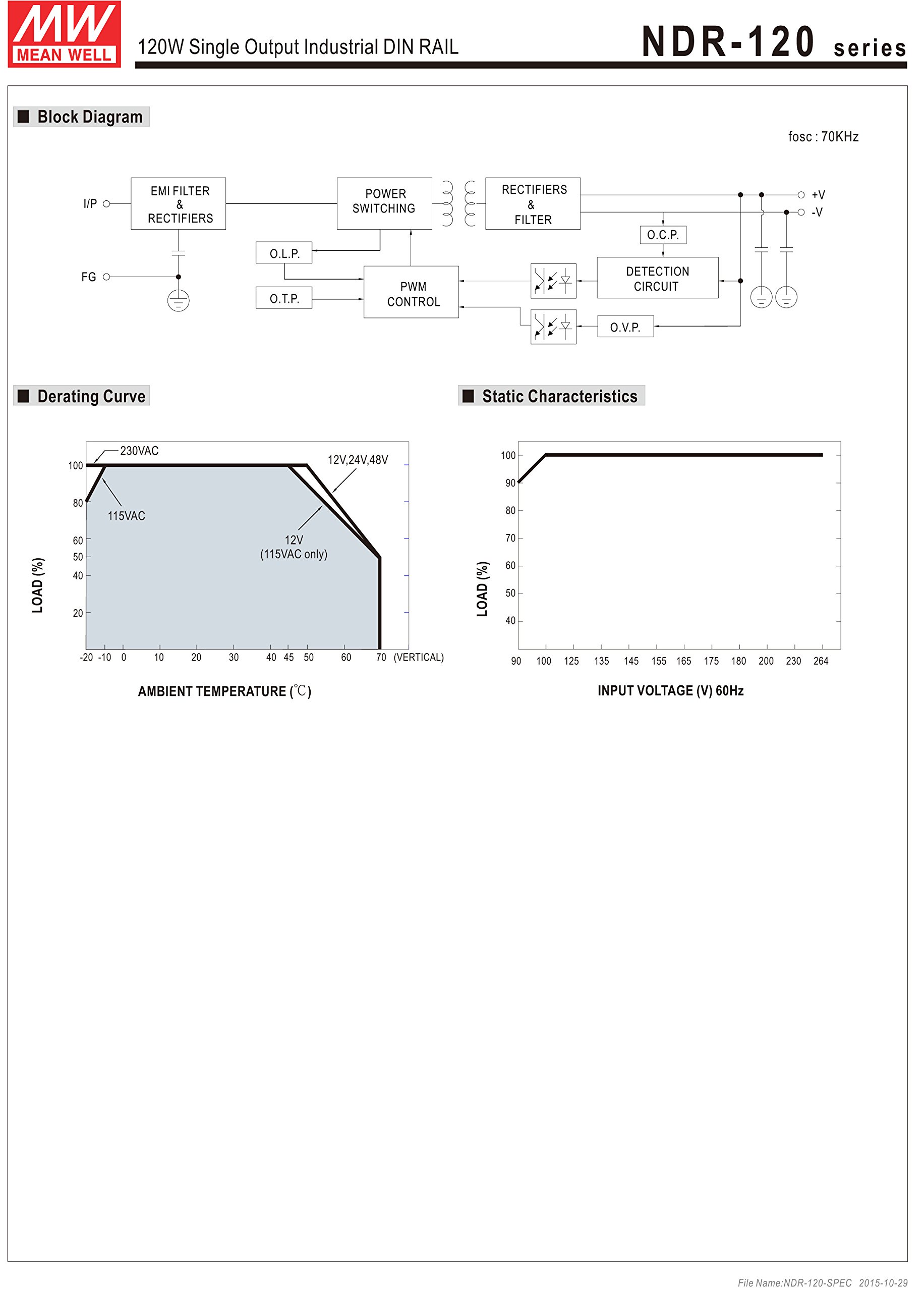 MEAN WELL NDR-120-12 DIN Rail Power Supply 120W 12V 10A Constant Current Low No-Load Loss Overheat Protection