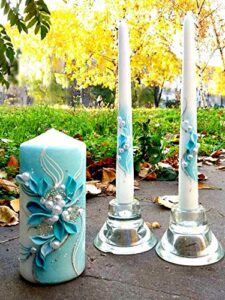 magik life unity candle set for wedding - wedding accessories for reception and ceremony - decorative pillars teal