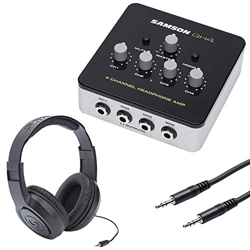 Samson QH4 4-Channel Studio Headphone Amplifier + Stereo Headphones + Stereo Interconnect Cable, 10 feet - Top Value Amplifier Bundle