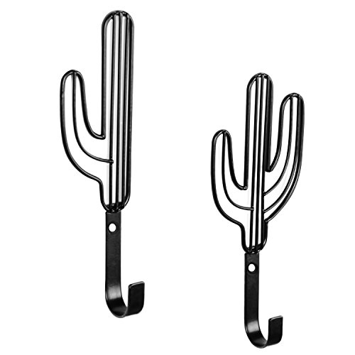 MyGift Wall Mounted Black Metal Coat Hooks with Cute Cactus Shaped Design, Decorative Hooks for Hanging Hat, Coat, Towel, Leash, Laynard, Set of 2