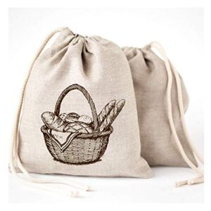 linen bread bags - 3 pack 11 x 15" speical art design natural unbleached linen reusable food safe storage for homemade artisan bread