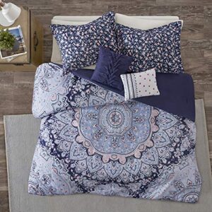 intelligent design odette cozy comforter set casual boho medallion floral design modern all season bedding with matching sham, decorative pillow, full/queen, odette blue 5 piece