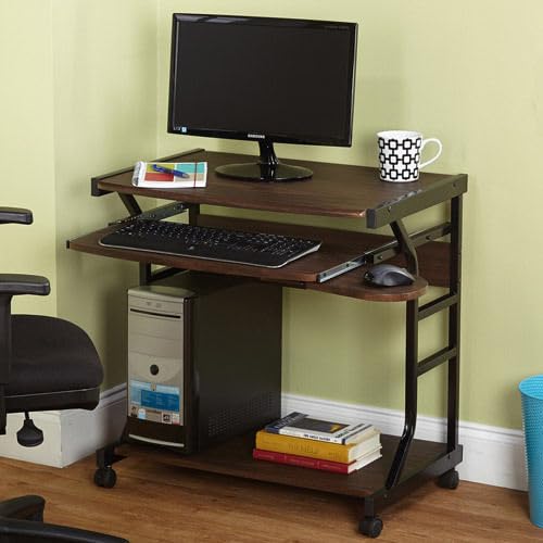 OFFICEJOY Computer Desk Cart Home Office Desk, Mobile Laptop Table Workstation Writing Desk Study Desk with Keyboard Tray, Printer Shelf on Wheels,Brown