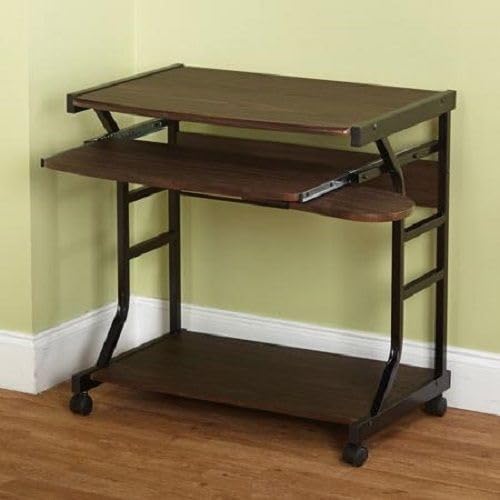 OFFICEJOY Computer Desk Cart Home Office Desk, Mobile Laptop Table Workstation Writing Desk Study Desk with Keyboard Tray, Printer Shelf on Wheels,Brown