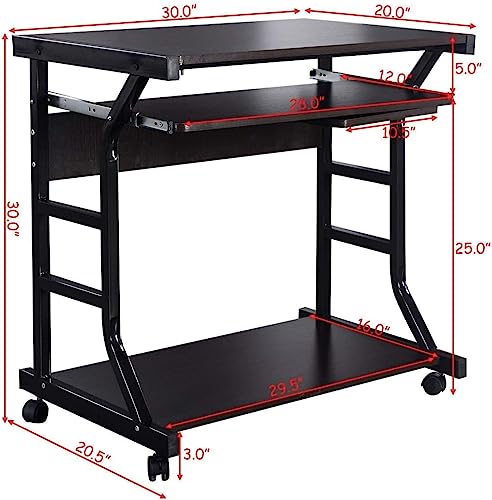 OFFICEJOY Computer Desk Cart Home Office Desk, Mobile Laptop Table Workstation Writing Desk Study Desk with Keyboard Tray, Printer Shelf on Wheels,Brown