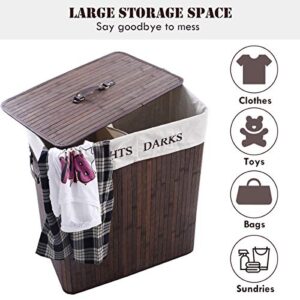 Casart Bamboo Hamper Laundry Basket Folding Double Rectangle Washing Cloth Storage Bag Lid (brown, rectangle)