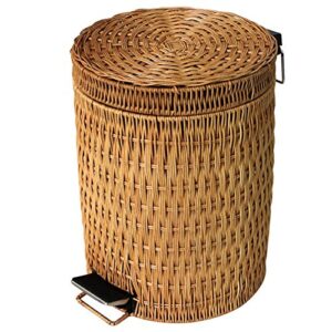 wicker trash can with lid bathroom, rattan step trash can for kitchen home, silent closure garbage can removable liner bucket wastebasket-2.1usgal(8l)