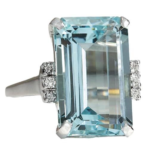 Zhiwen DOCCESTU Vintage Fashion Women 925 Silver Aquamarine Gemstone Ring Engagement Wedding Jewelry Size 5-11 (8#)