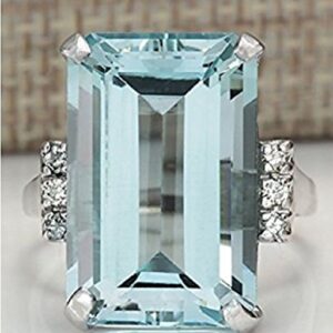 Zhiwen DOCCESTU Vintage Fashion Women 925 Silver Aquamarine Gemstone Ring Engagement Wedding Jewelry Size 5-11 (8#)