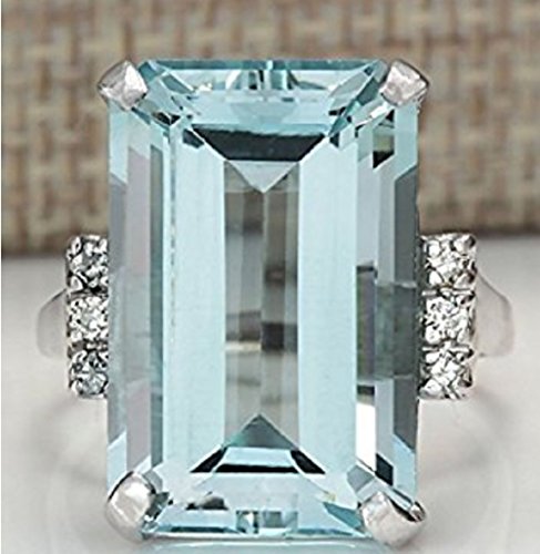 Zhiwen DOCCESTU Vintage Fashion Women 925 Silver Aquamarine Gemstone Ring Engagement Wedding Jewelry Size 5-11 (8#)