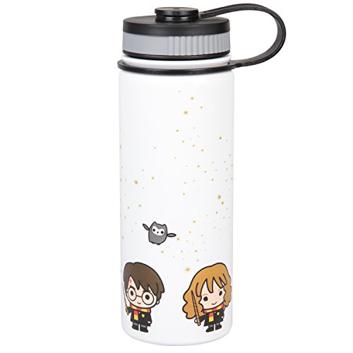 Harry Potter Stainless Steel Water Bottle Thermos - White with Harry, Ron and Hermione Chibi Character Design - Double Wall Insulated - 550ml