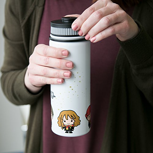 Harry Potter Stainless Steel Water Bottle Thermos - White with Harry, Ron and Hermione Chibi Character Design - Double Wall Insulated - 550ml