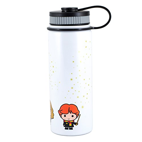 Harry Potter Stainless Steel Water Bottle Thermos - White with Harry, Ron and Hermione Chibi Character Design - Double Wall Insulated - 550ml