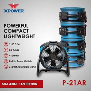 XPOWER P-21AR 11" Diameter Industrial High Velocity Axial Air Mover/Carpet Dryer/Floor Fan/Utility Blower 1100 CFM, 0.6 Amps