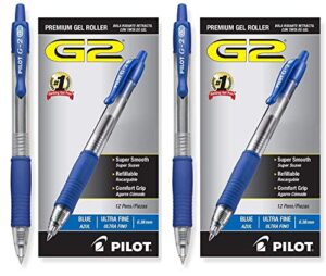 pilot g2 retractable premium gel ink roller ball pens, ultra fine, 24 pack, blue
