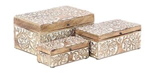 deco 79 mango wood floral box with hinged lid, set of 3 8", 10", 12"w, brown