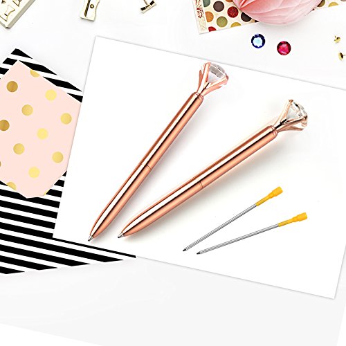 Coopay 12 Pieces Big Crystal Diamond Pens Rose Gold Pens Metal Ballpoint Pens and 12 Pieces Ballpoint Pen Refills in Black Ink for School Office