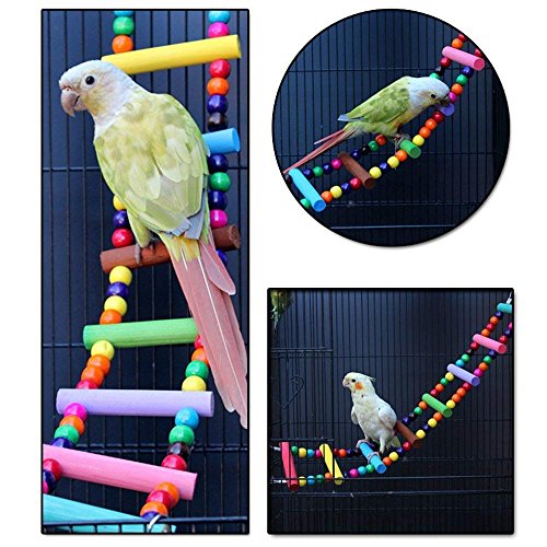 LITTLEGRASS 12 Steps Bird Toys 31 inch Wood Bird Ladder, Step Parrot Ladder Swing Bridge,Bird Cage Accessories Decorative Flexible Cage Wooden Rainbow Toy Parakeet Birdcage Training