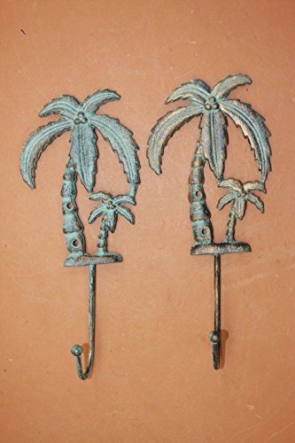 Lanai Bath Decor Tropical Palm Tree Bath Hook Cast Iron Bronze-Look, 9 1/2", Set of 2