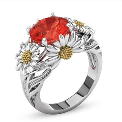 PR Jewelry Orange Color Round Jacinth Ruby Daisy Charm Ring 925 Silver Lady (5)