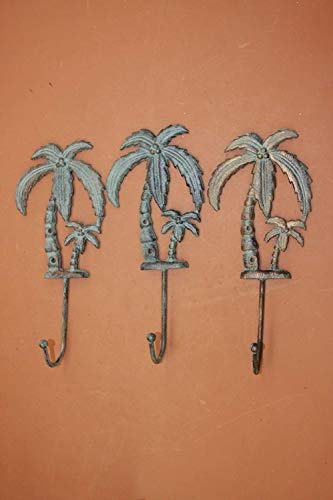 Cast Iron Bath Decor Tropical Palm Tree Bath Towel Hook Cast Iron Bronze-Look, 9 1/2", Set of 6