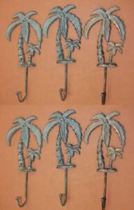 cast iron bath decor tropical palm tree bath towel hook cast iron bronze-look, 9 1/2", set of 6