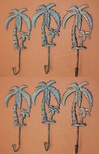 Cast Iron Bath Decor Tropical Palm Tree Bath Towel Hook Cast Iron Bronze-Look, 9 1/2", Set of 6