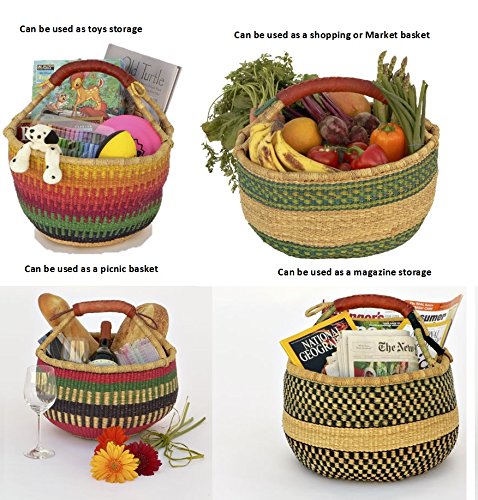 SHOPPING BASKET 14" - 16" HANDMADE GHANA BOLGA AFRICA - FAIR TRADE (COLORS VARY) 1 EA