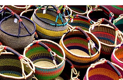 SHOPPING BASKET 14" - 16" HANDMADE GHANA BOLGA AFRICA - FAIR TRADE (COLORS VARY) 1 EA