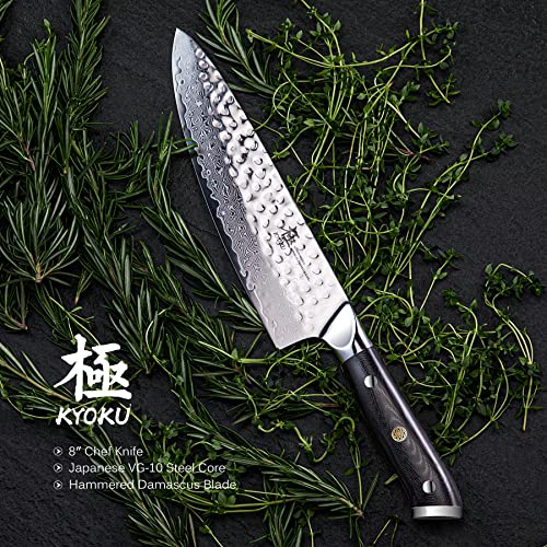 KYOKU Chef Knife - 8"- Japanese VG10 Steel Core Hammered Damascus Blade - with Sheath & Case