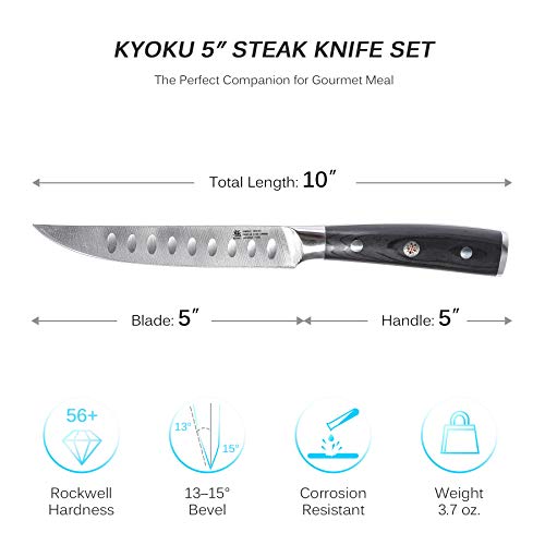 KYOKU Samurai Series - 5" Steak Knives Set of 4 with Sheath & Case - Full Tang - Japanese High Carbon Steel - Pakkawood Handle with Mosaic Pin (Japanese Steak Knife Set)