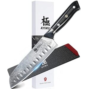 kyoku santoku knife - 7" - shogun series - japanese vg10 steel core forged damascus blade - with sheath & case