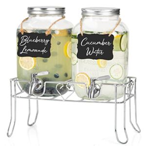 outdoor glass beverage dispenser 2 pack with sturdy metal base, hanging chalkboards & stainless steel spigots - 1 gallon double drink dispensers for lemonade, tea, cold water, laundry detergent & more