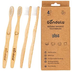 gondola kids bamboo toothbrushes soft bristles – vegan organic eco friendly tooth brush for kids with fun animals designs & lightweight, smooth bamboo handles – zero waste packaging – 4 pack