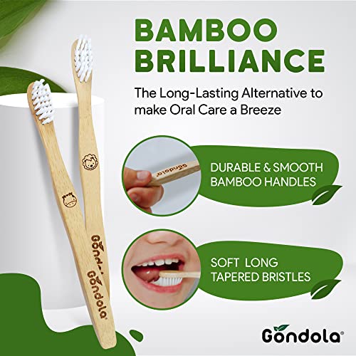 Gondola Kids Bamboo Toothbrushes Soft Bristles – Vegan Organic Eco Friendly Tooth Brush for Kids with Fun Animals Designs & Lightweight, Smooth Bamboo Handles – Zero Waste Packaging – 4 Pack