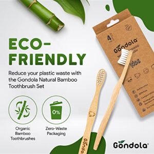 Gondola Kids Bamboo Toothbrushes Soft Bristles – Vegan Organic Eco Friendly Tooth Brush for Kids with Fun Animals Designs & Lightweight, Smooth Bamboo Handles – Zero Waste Packaging – 4 Pack