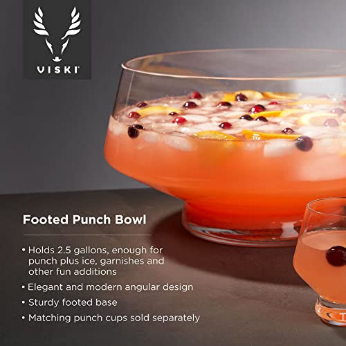Viski Footed Glass Punch Bowl, Heavy Base Glass Serving Bowl With Angled Design Party Serveware for Cocktails & Functional Centerpiece, Clear