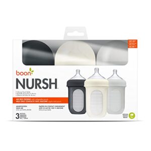 Boon NURSH Reusable Silicone Baby Bottles with Collapsible Silicone Pouch Design — Everyday Baby Essentials — 3 Count — Stage 2 Medium Flow — 8 Oz — Gray