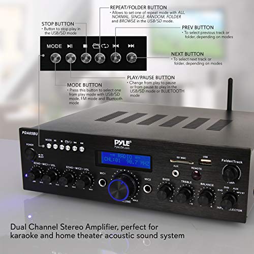 Pyle Wireless Bluetooth Power Amplifier System - 200W Dual Channel Sound Audio Stereo Receiver w/ USB, AUX, MIC IN w/ Echo, Radio - For Home Theater Entertainment via RCA, Studio Use - PDA65BU,Black