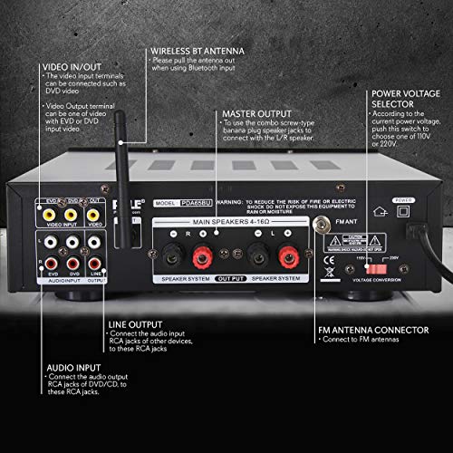 Pyle Wireless Bluetooth Power Amplifier System - 200W Dual Channel Sound Audio Stereo Receiver w/ USB, AUX, MIC IN w/ Echo, Radio - For Home Theater Entertainment via RCA, Studio Use - PDA65BU,Black