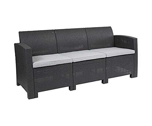 Flash Furniture Seneca Dark Gray Faux Rattan Sofa with All-Weather Seneca Light Gray Cushions