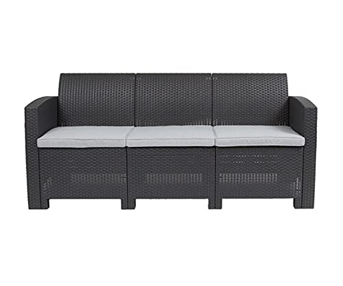 Flash Furniture Seneca Dark Gray Faux Rattan Sofa with All-Weather Seneca Light Gray Cushions